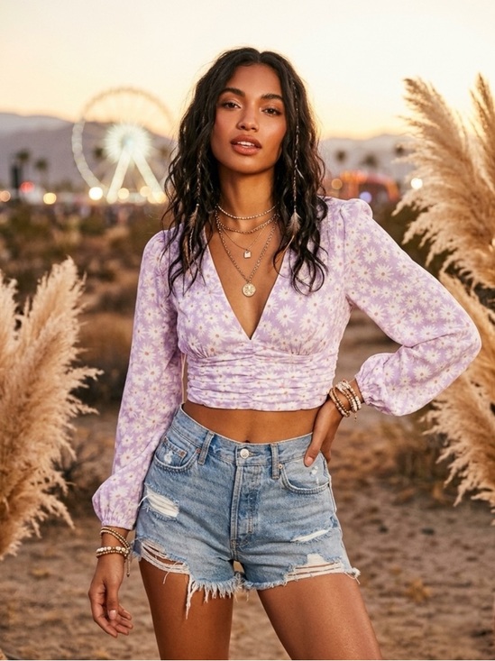 Elodie Tops - Elodie NWT Lavender Ditsy Floral Balloon Sleeve Crop Top M Boho Festival Retro
